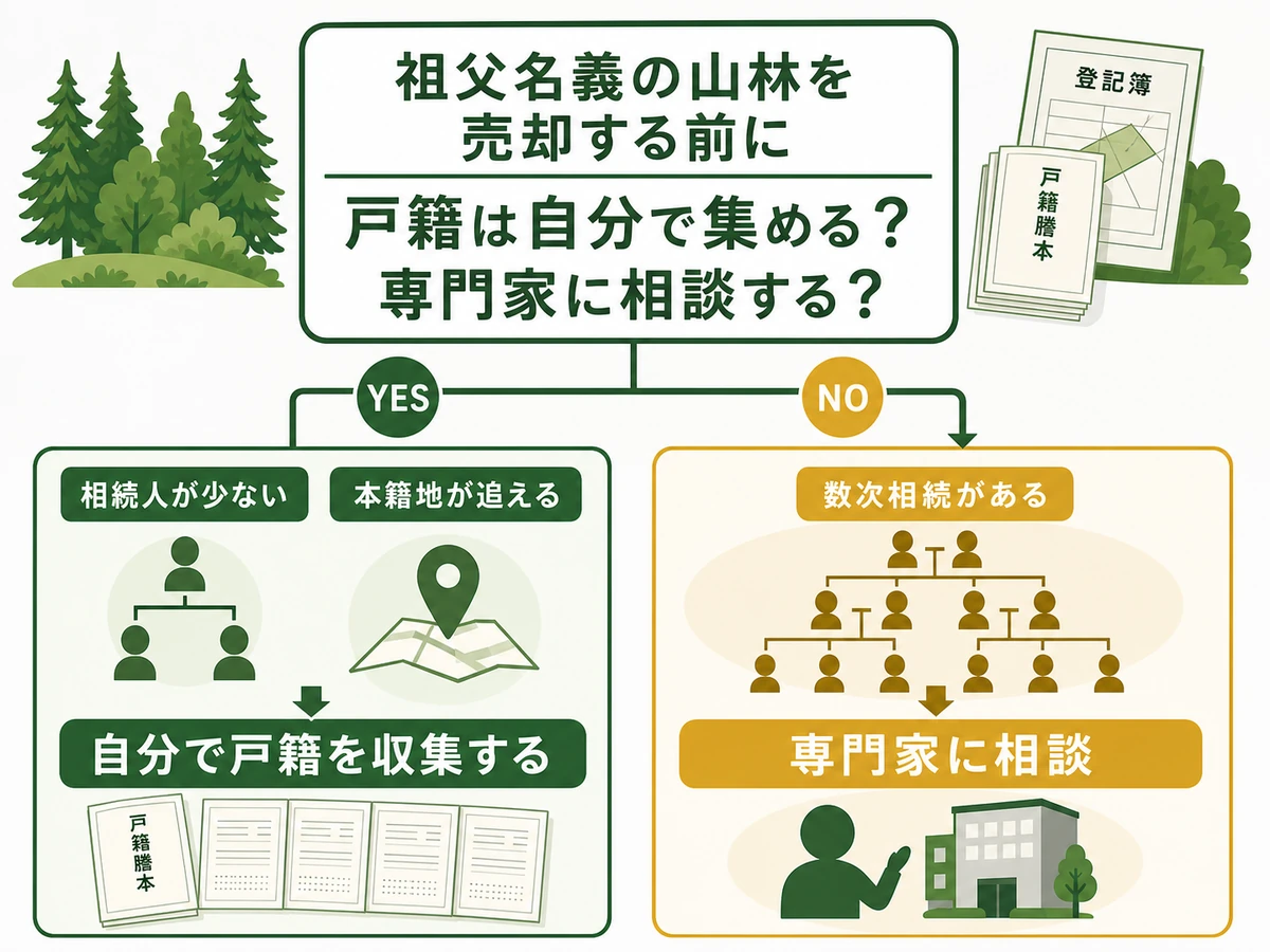祖父名義の山林売却で戸籍を自分で集めるか専門家に相談するかの判断図