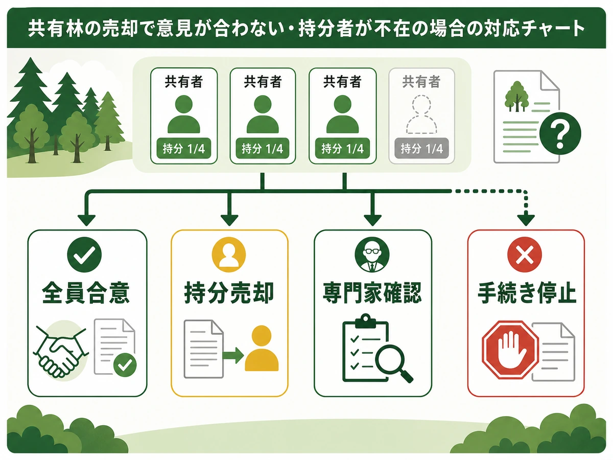 反対者や所在不明者がいる共有名義山林の対応分岐