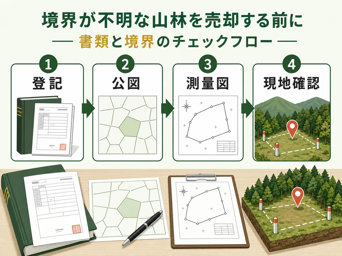 山林売却前に登記、公図、測量図、現地確認を順番に見る流れ