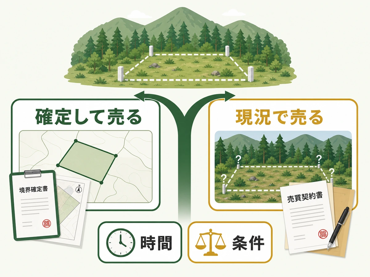 境界を確定して売るか現況で売るかを時間と条件で分ける判断図