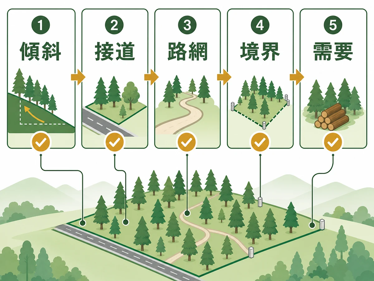 山林査定で確認する傾斜・接道・路網・境界・需要のチェックフロー