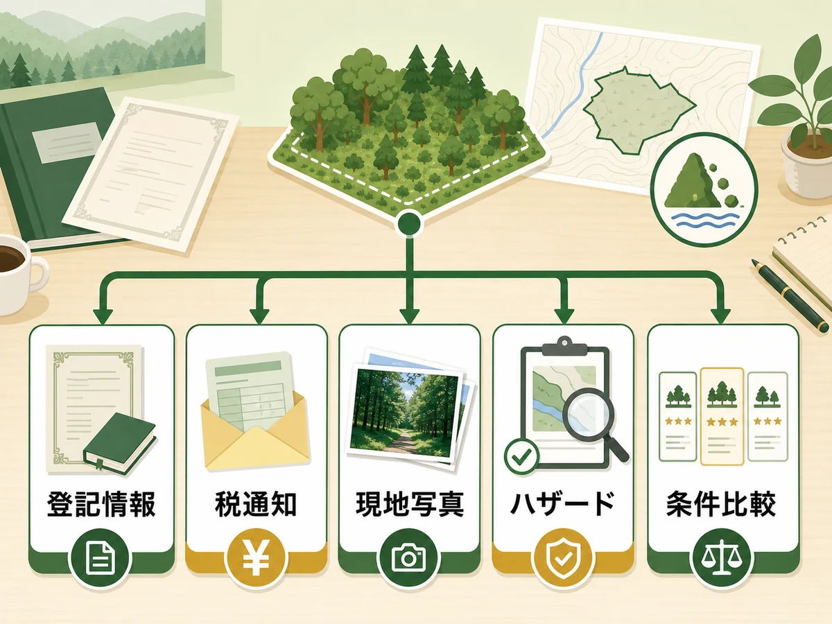 山林査定前に確認する登記情報・税通知・現地写真・ハザード・条件比較の判断図