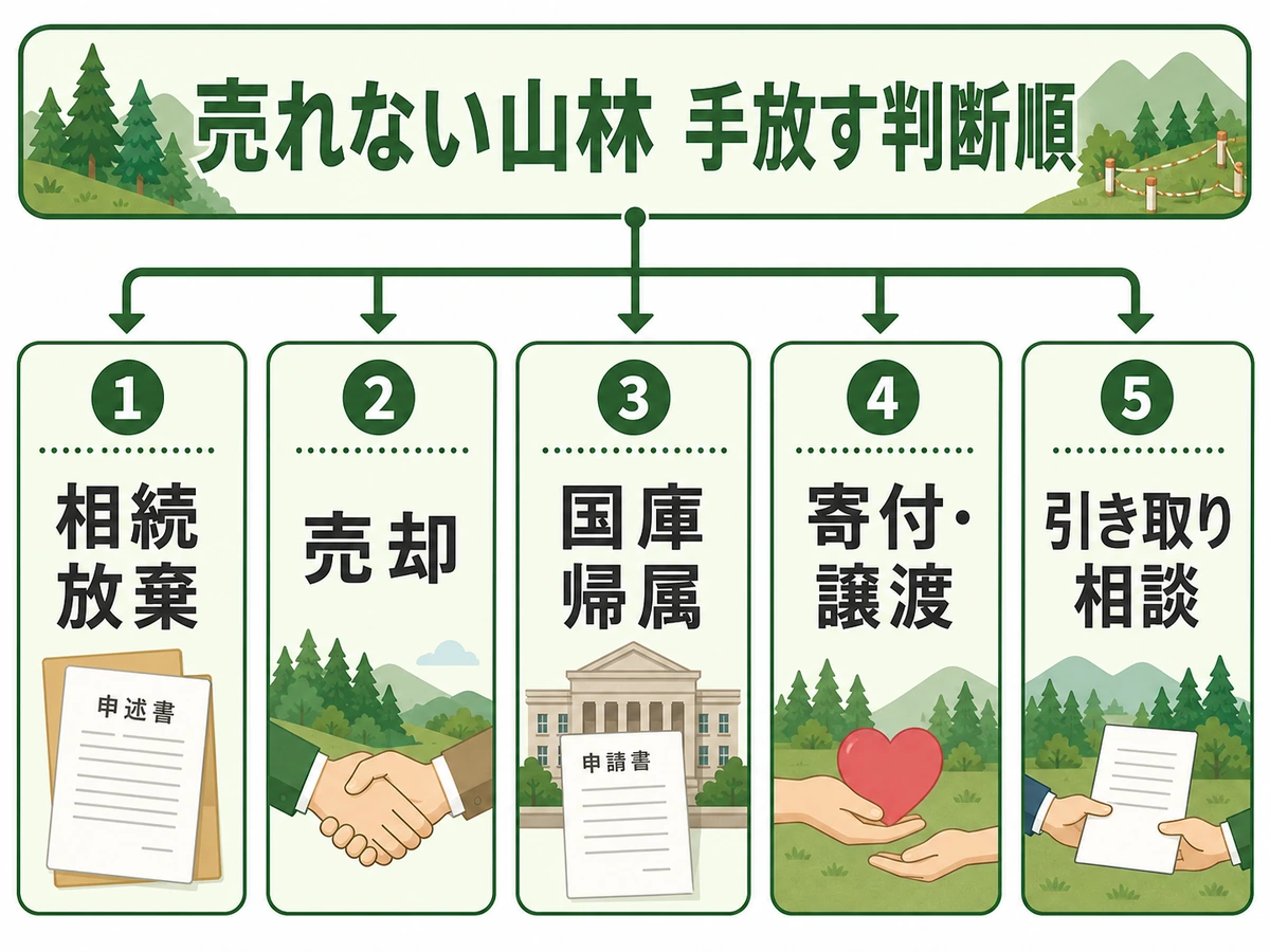売れない山林を手放す5つの方法を比較する図