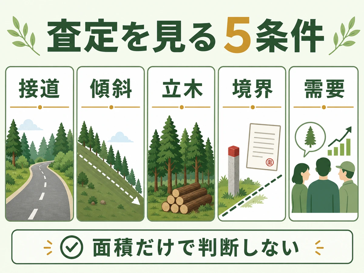 山林査定で見る接道・傾斜・立木・境界・需要の5条件