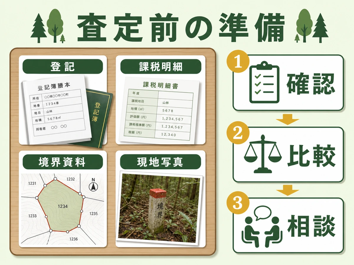 山林査定前に準備する登記・課税明細・境界資料・現地写真