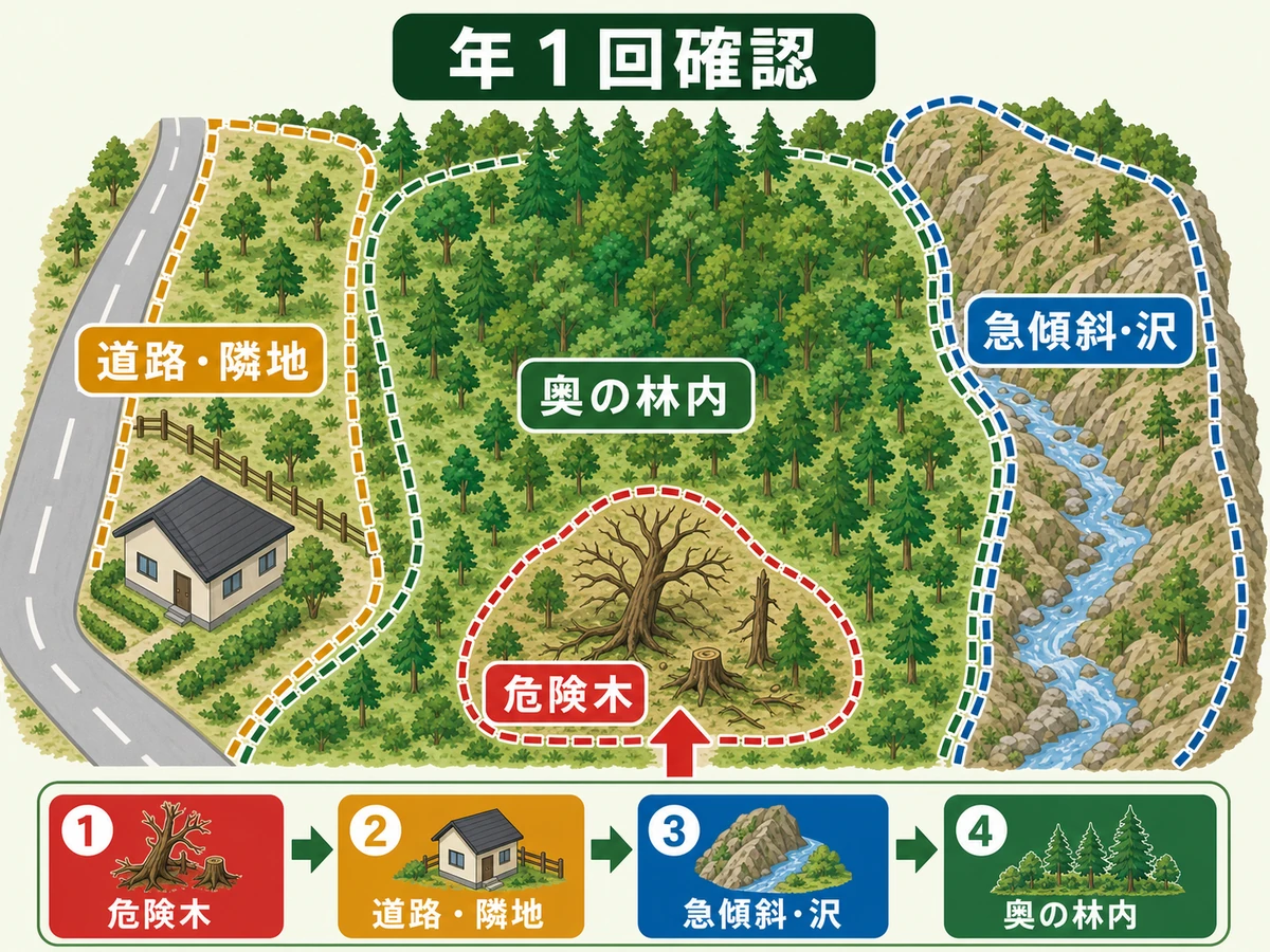 山林の草刈り・間伐を減らすゾーン別管理チェック図