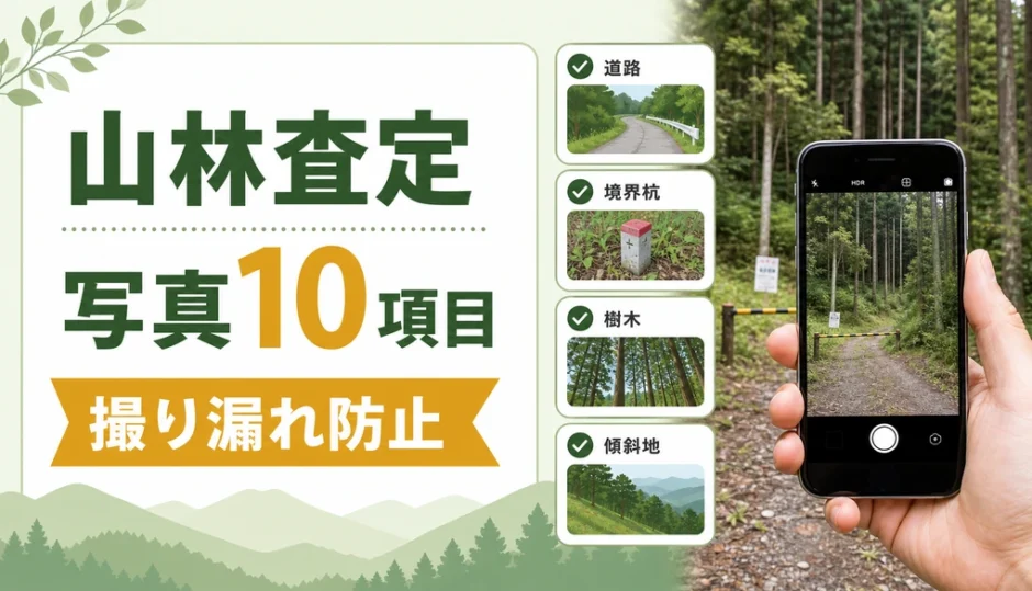 山林査定で撮る現地写真10項目を示すチェックリスト画像