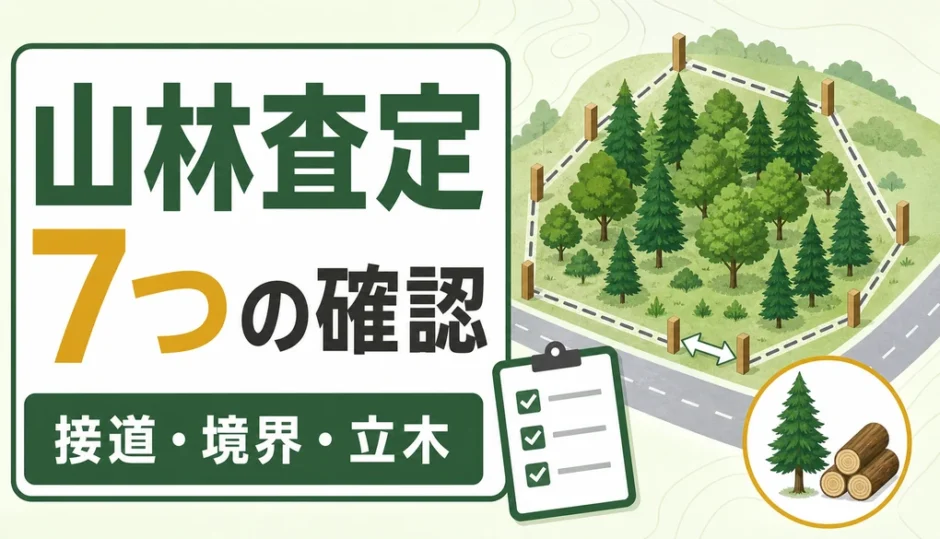 山林査定で確認する接道・境界・立木などのポイントを示す図解