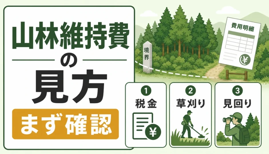 相続した山林の維持費を税金、草刈り、見回りに分けて確認する図解
