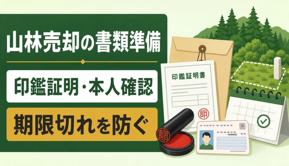 山林売却の書類準備として印鑑証明と本人確認の期限切れ防止を示す図解
