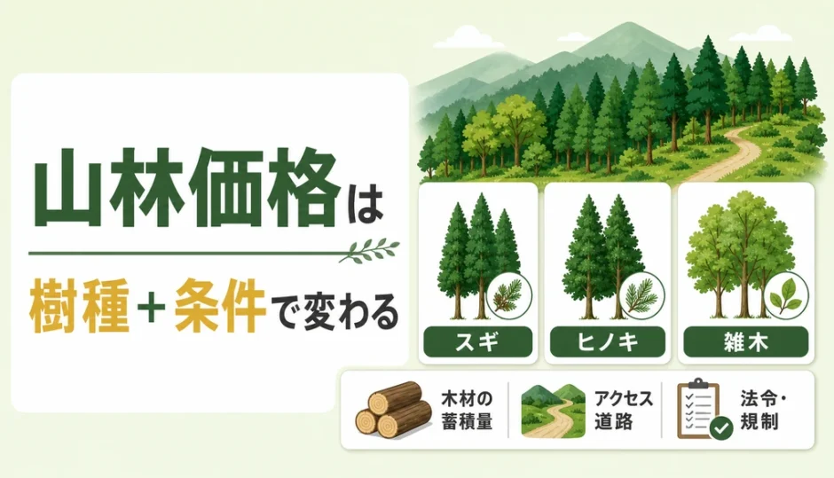山林価格は樹種と条件で変わることを示す図解