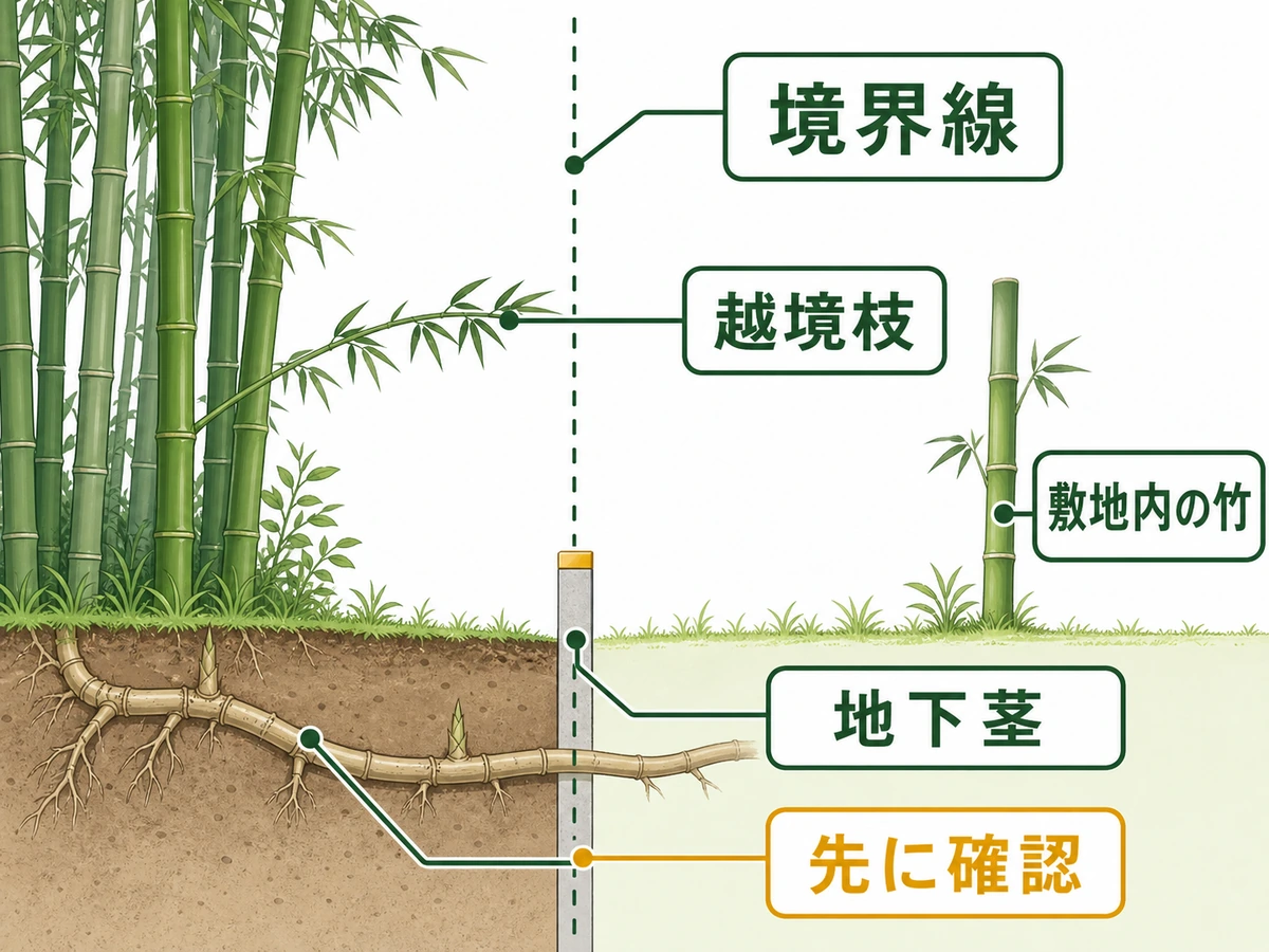 境界線を基準に地下茎、越境枝、敷地内に生えた竹の位置を分けた図