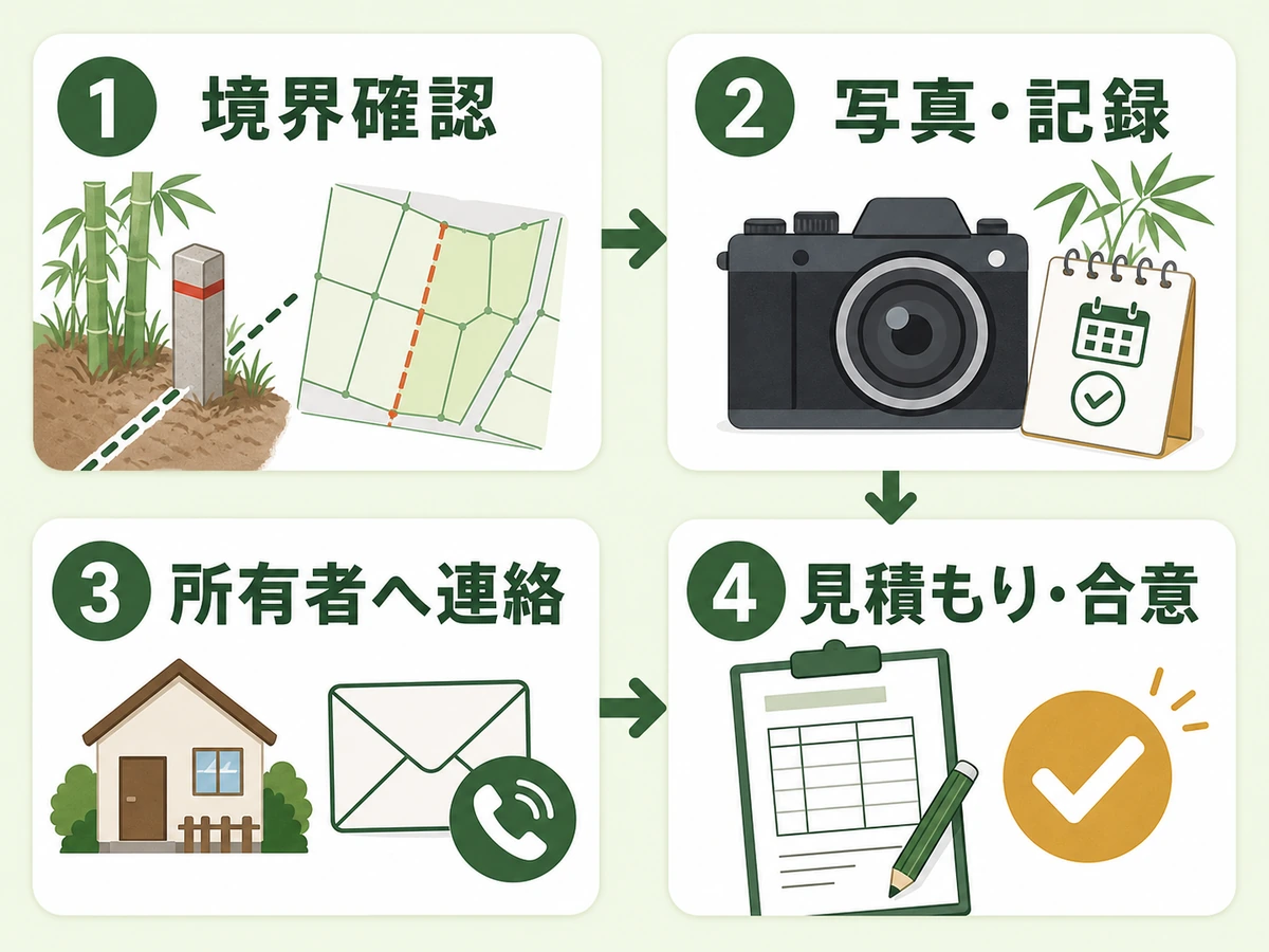 竹を切る前に境界確認、写真記録、所有者への連絡、見積もり合意を進める4ステップ