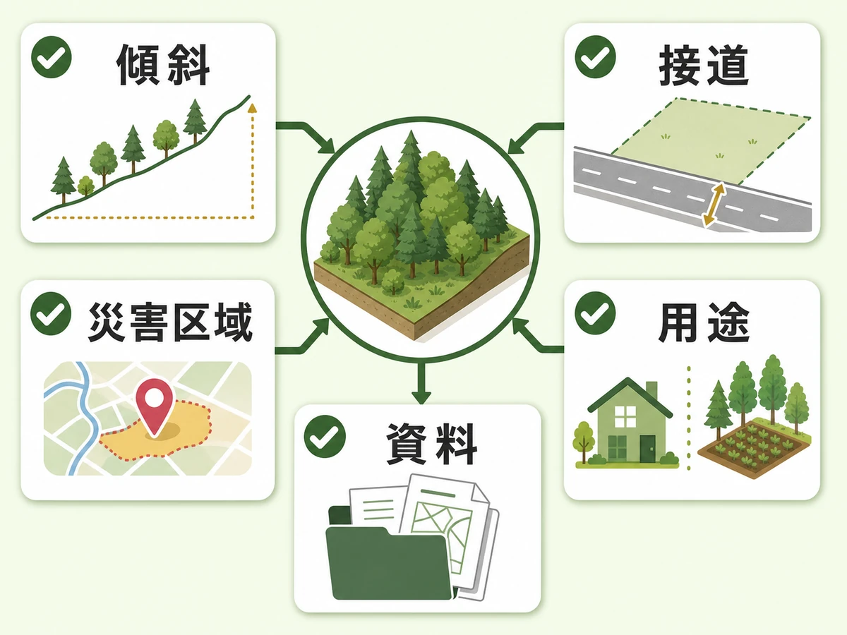 傾斜、接道、災害区域、用途、資料を確認する急傾斜山林のチェックフロー