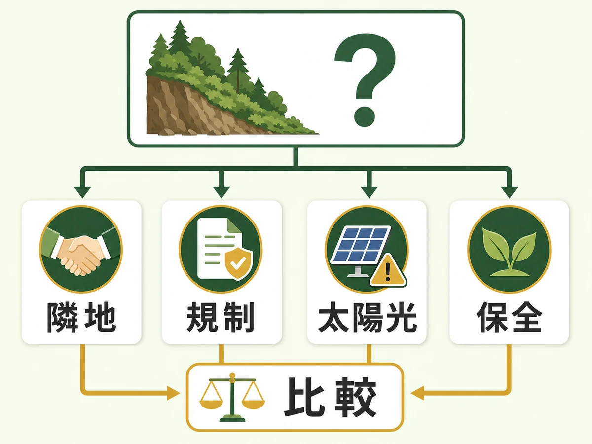 隣地、規制、太陽光、保全を比較する急傾斜山林の判断チャート