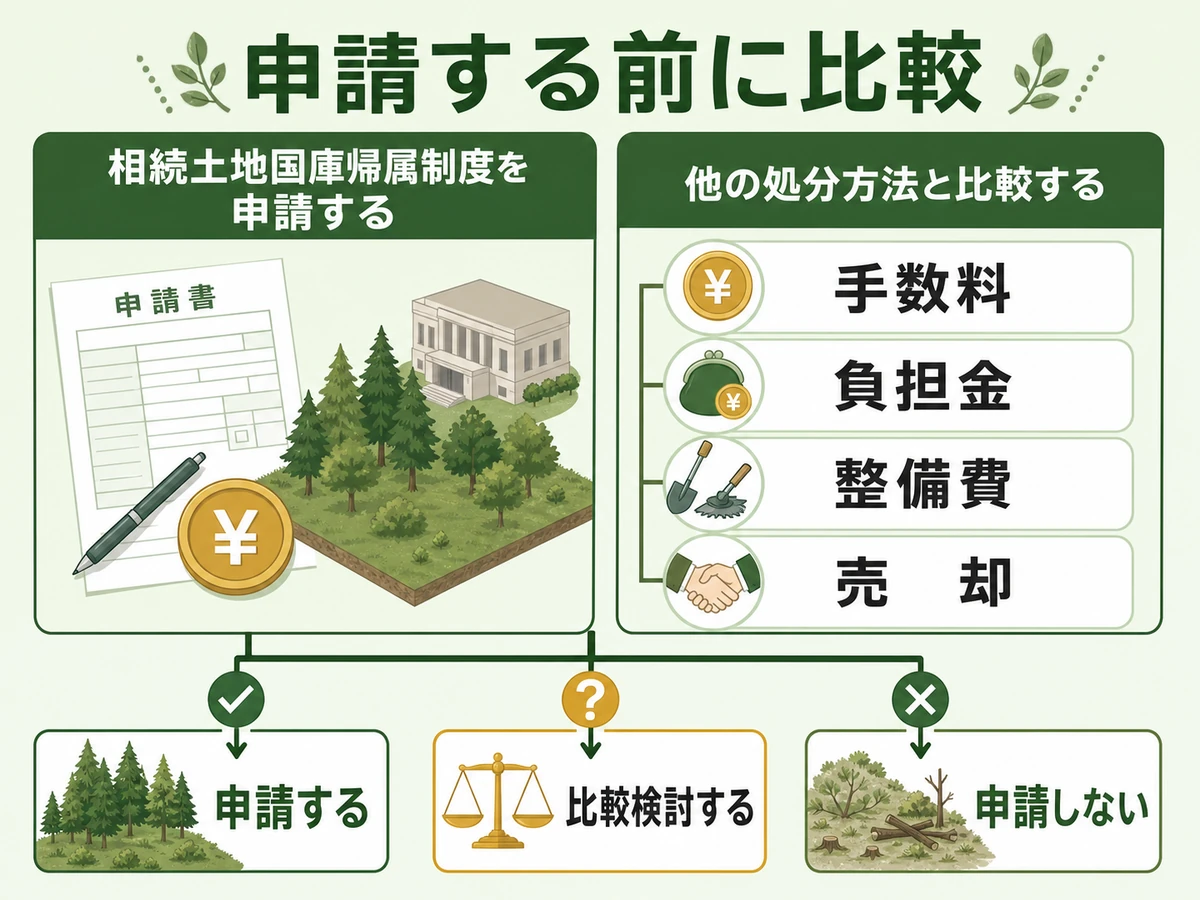 相続土地国庫帰属制度の申請前に手数料・負担金・整備費・売却費用を比較する図