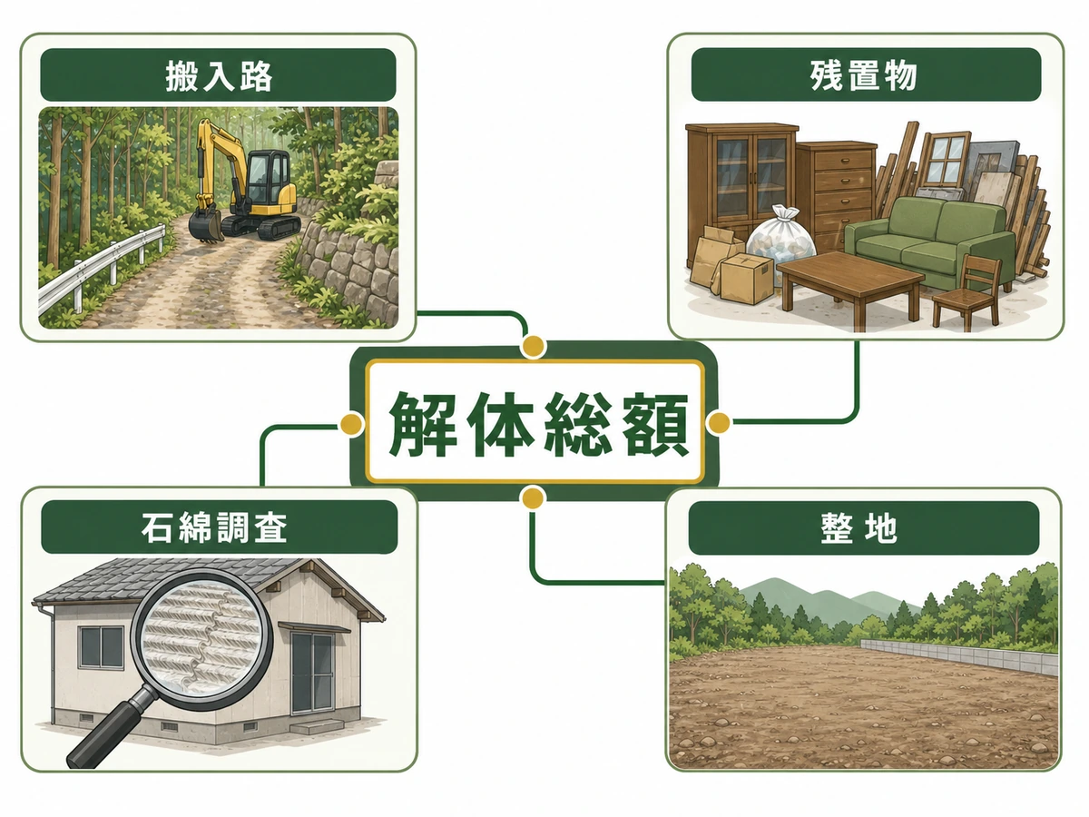 山林の古民家・廃屋の解体総額に影響する搬入路・残置物・石綿調査・整地