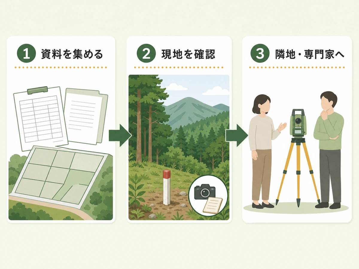 資料収集から現地確認、隣地所有者・専門家確認へ進む3段階のフロー図