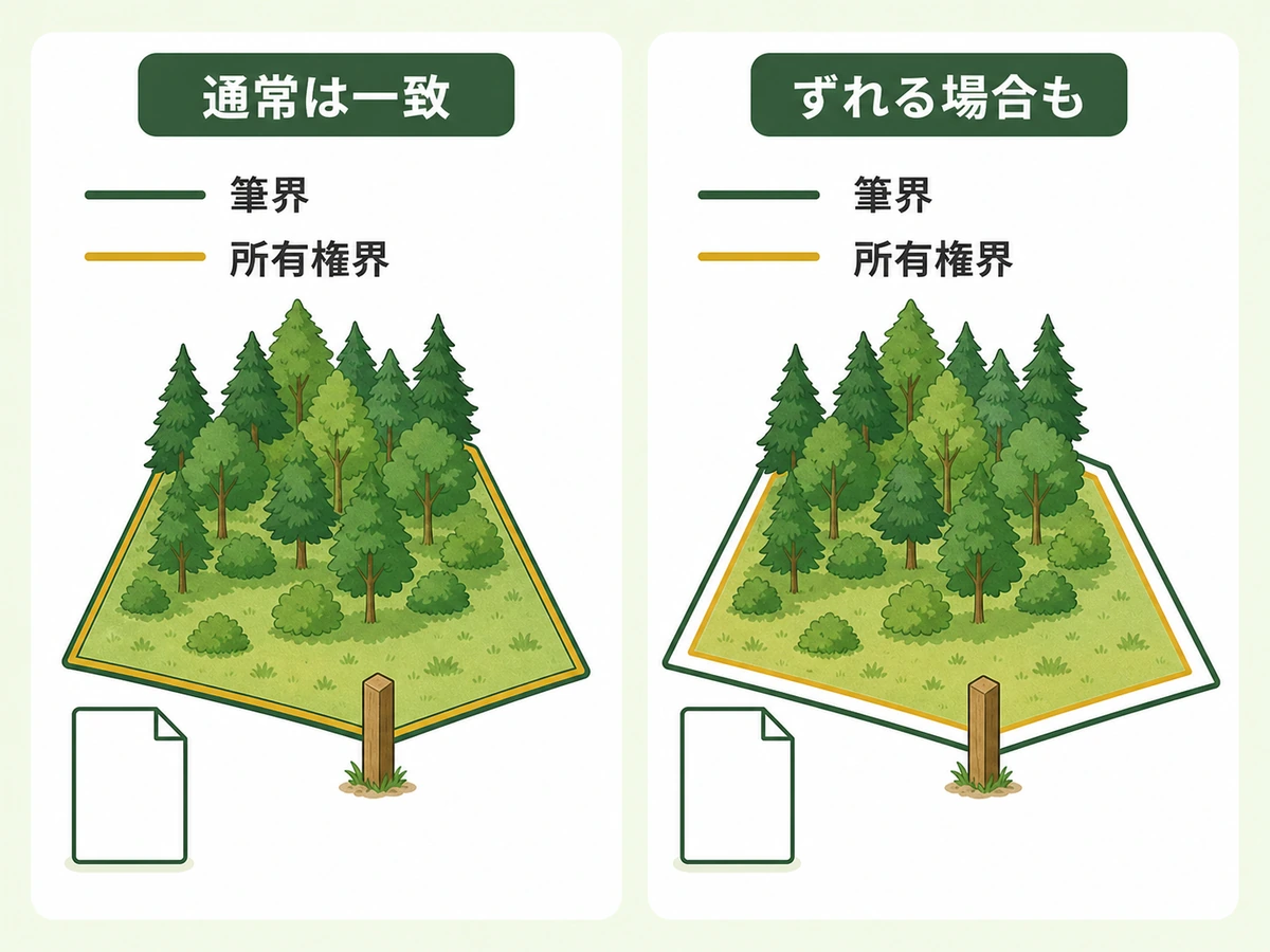 筆界と所有権界が通常一致し特別な事情でずれる場合を示す比較図