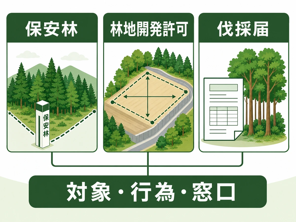 保安林・林地開発許可・伐採届を対象・行為・窓口で比べる図