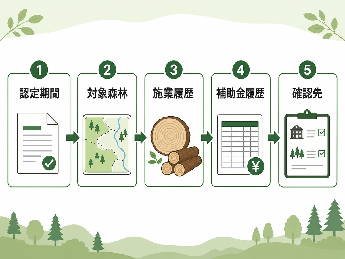 森林経営計画ありの山林で確認する認定期間、対象森林、施業履歴、補助金履歴、確認先の流れ