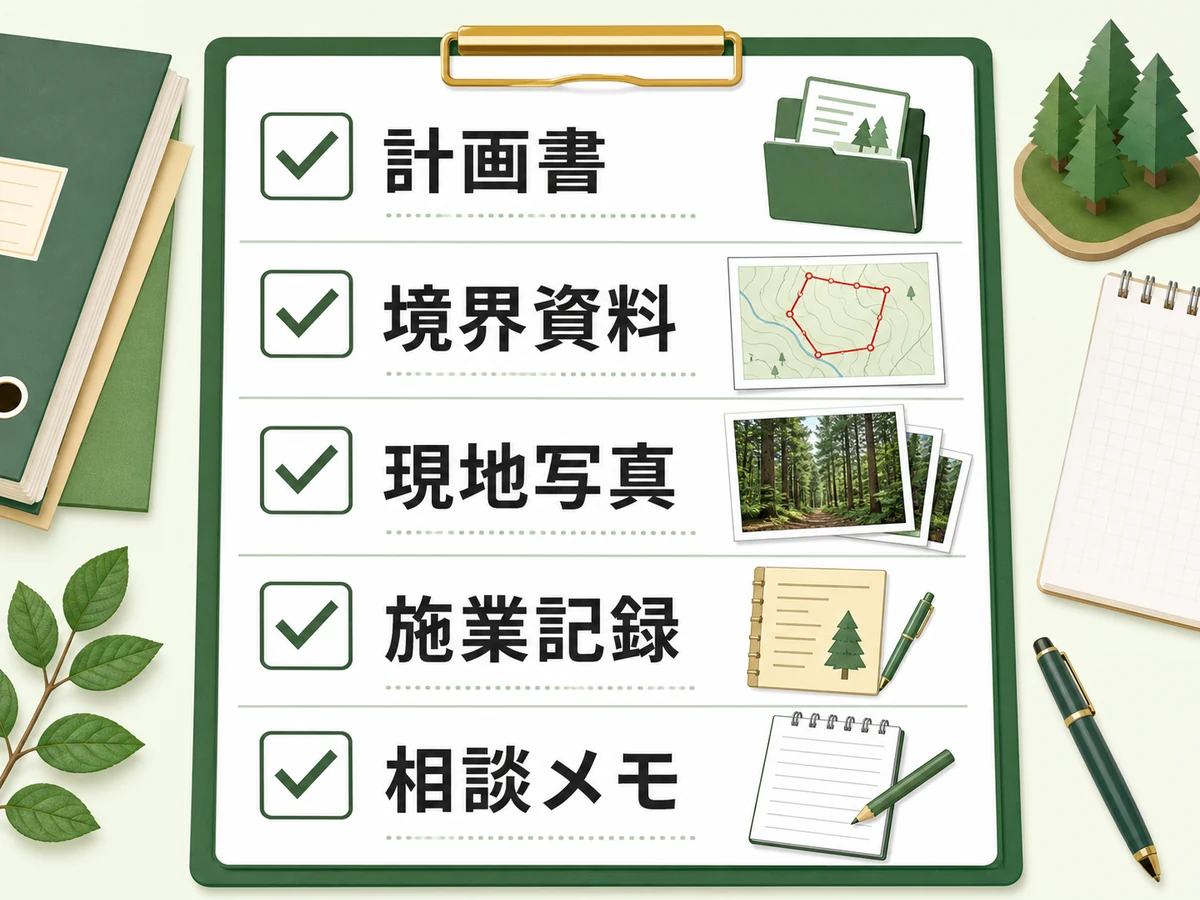山林査定前に確認したい計画書、境界資料、現地写真、施業記録、相談メモのチェックリスト