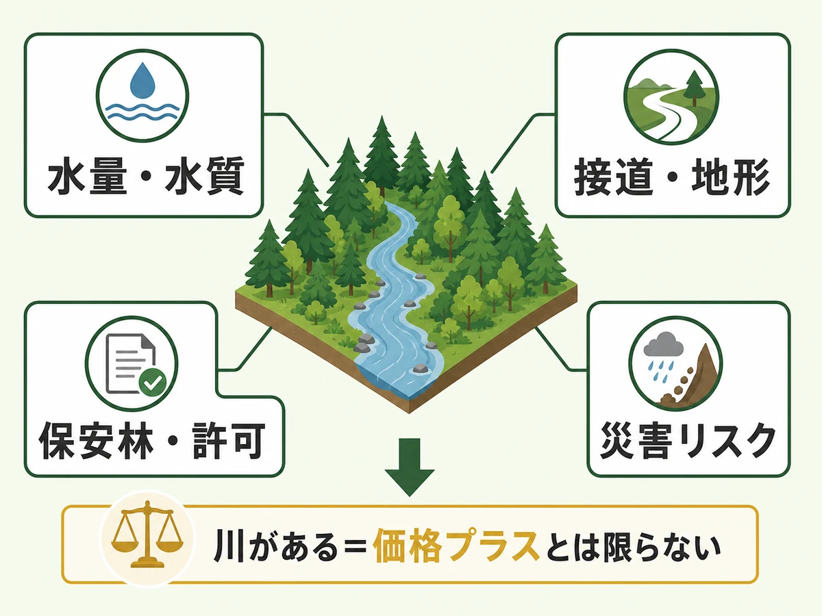 水源や沢がある山林の査定で確認する水量・地形・規制・災害リスクの図解
