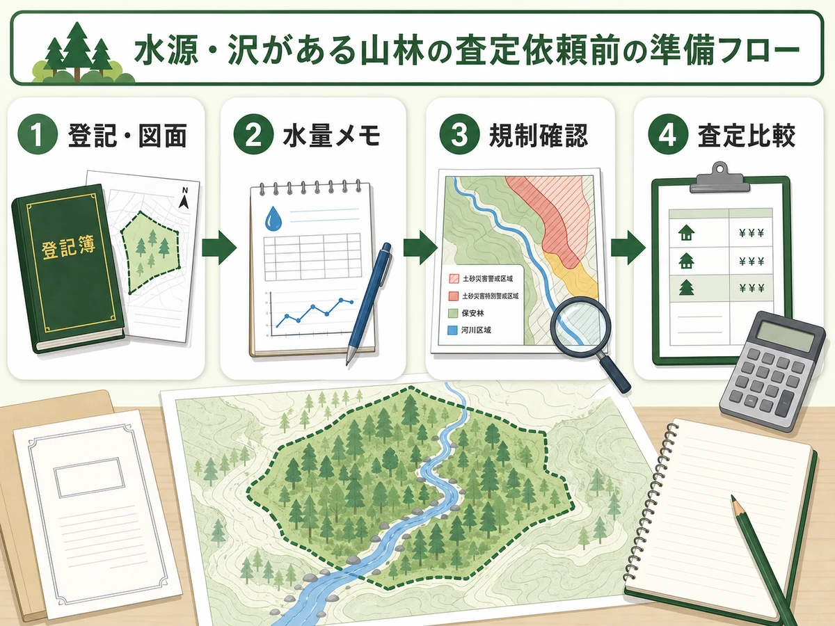 水源や沢がある山林の査定前に登記・図面・水量・規制を確認する準備フロー