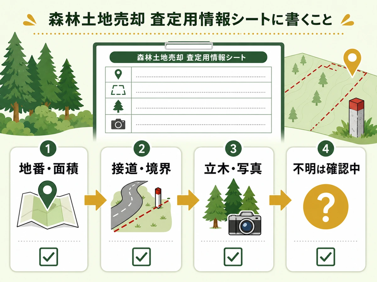 山林売却の情報整理シートに書く項目を示すチェックフロー