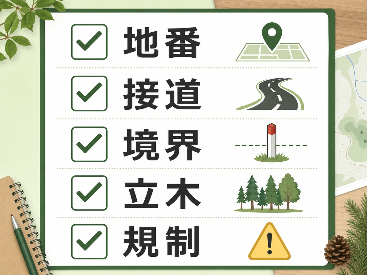 山林売却の情報整理シートで地番、接道、境界、立木、規制を確認する図