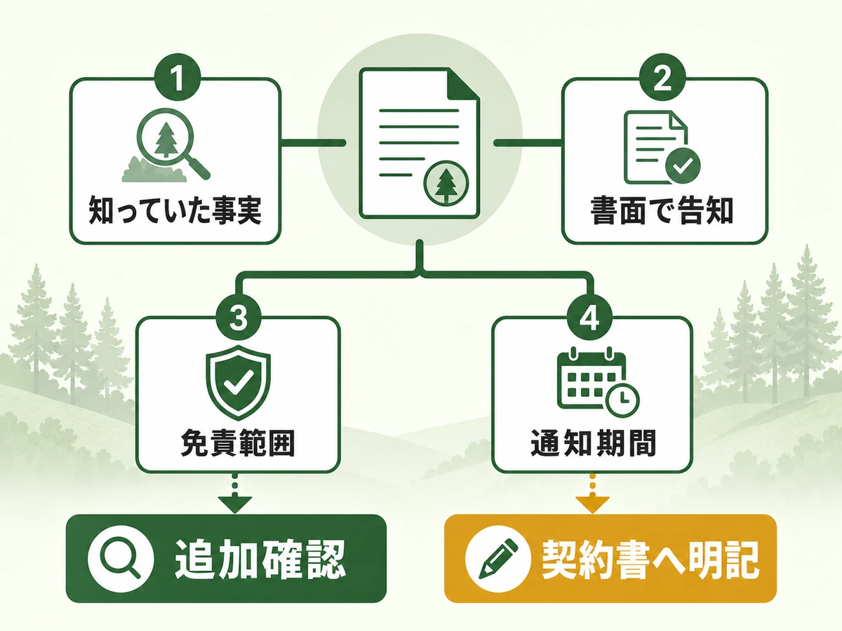 免責条項の判断で知っていた事実・告知・免責範囲・通知期間を確認する図