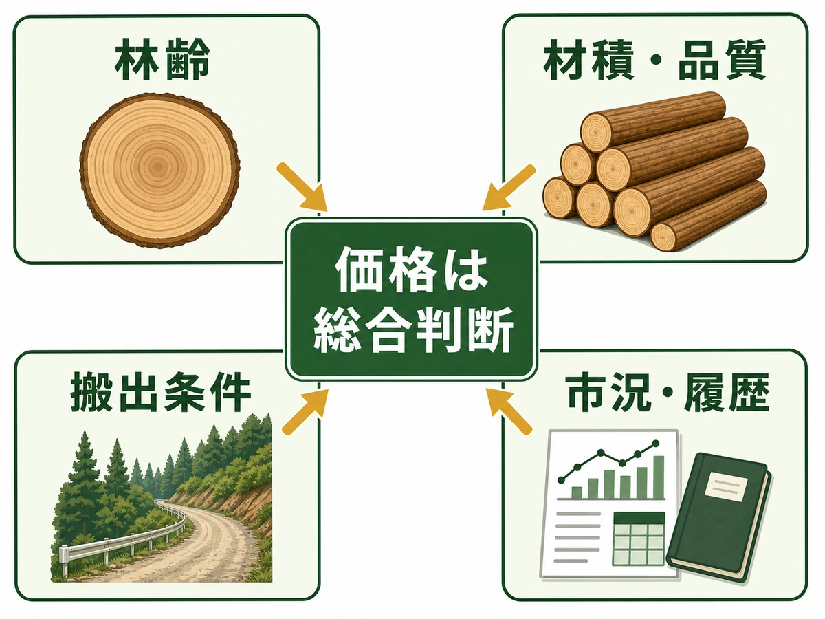 山林の売却価格を林齢、材積と品質、搬出条件、市況と履歴で総合判断する図
