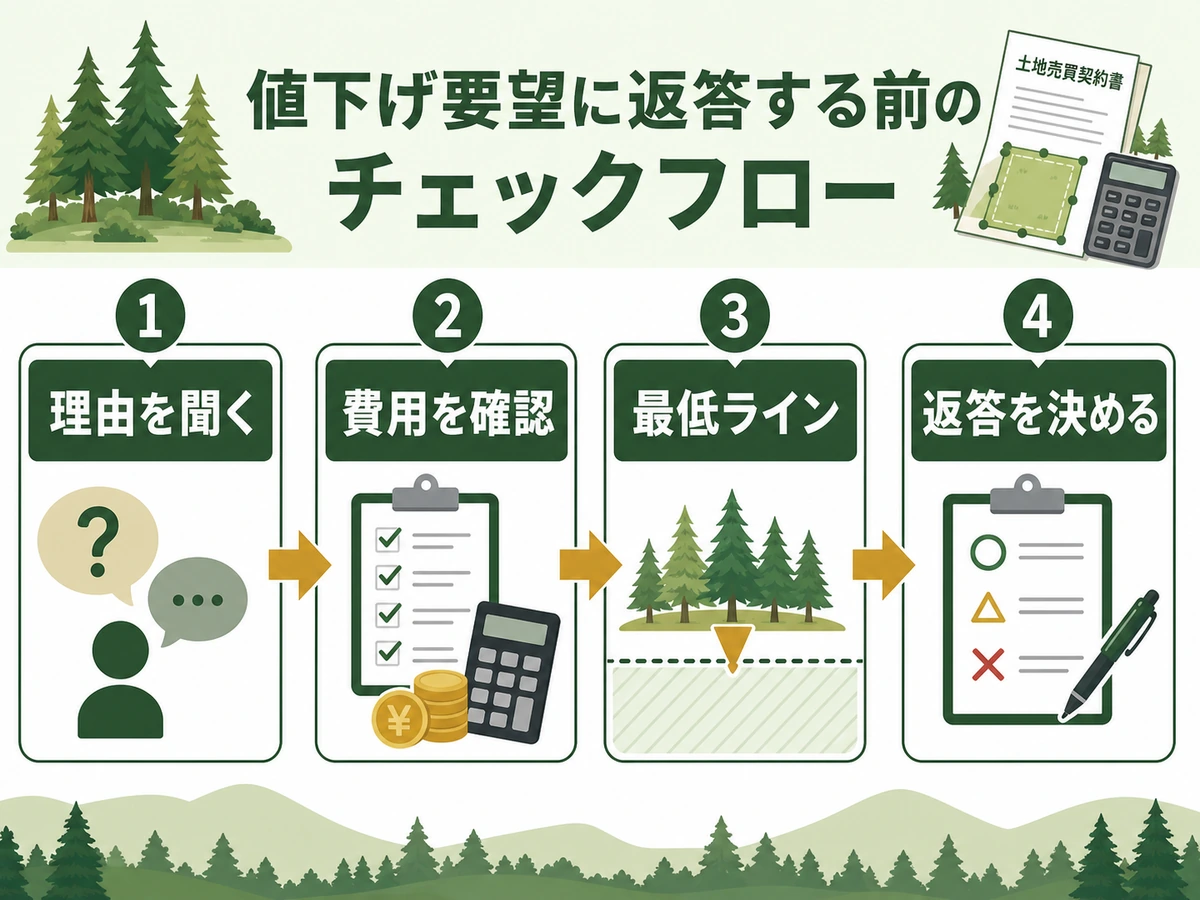 山林売却の値下げ要求に返答する前の確認順を示す図解