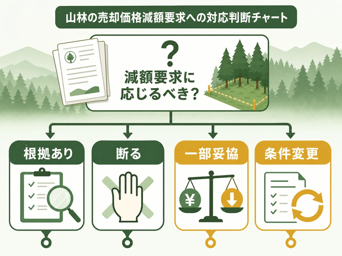 山林売却の値下げ要求に対する断る・妥協・条件変更の判断チャート