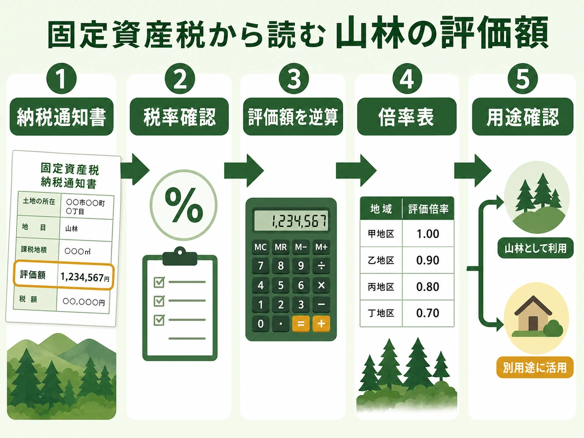 納税通知書から税率確認、評価額の逆算、倍率表確認へ進む流れ