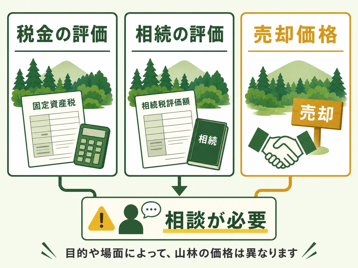 税金の評価、相続の評価、売却価格を分けて考える判断図
