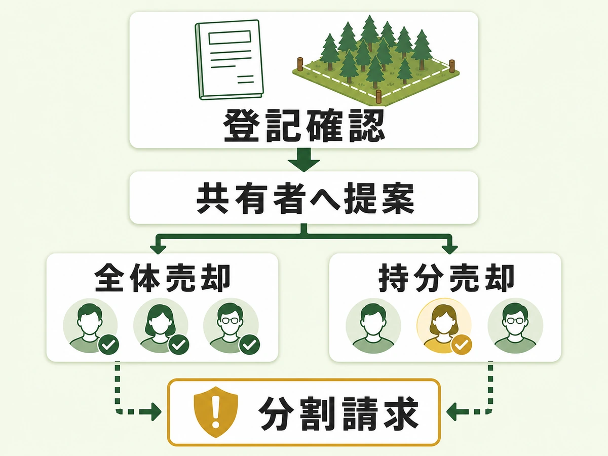 山林共有持分の処分を登記確認から全体売却・持分売却・分割請求へ分ける判断フロー