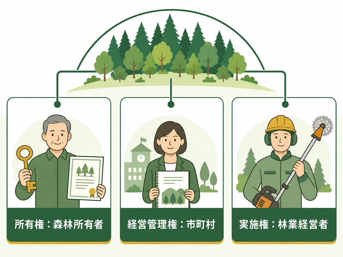通常の経営管理権集積計画における所有権・経営管理権・実施権の違い