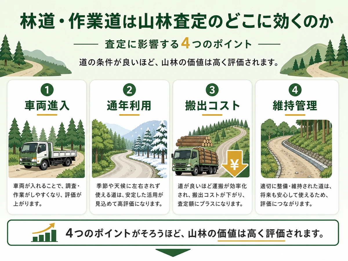 山林査定で見る車両進入・通年利用・搬出コスト・維持管理の比較図