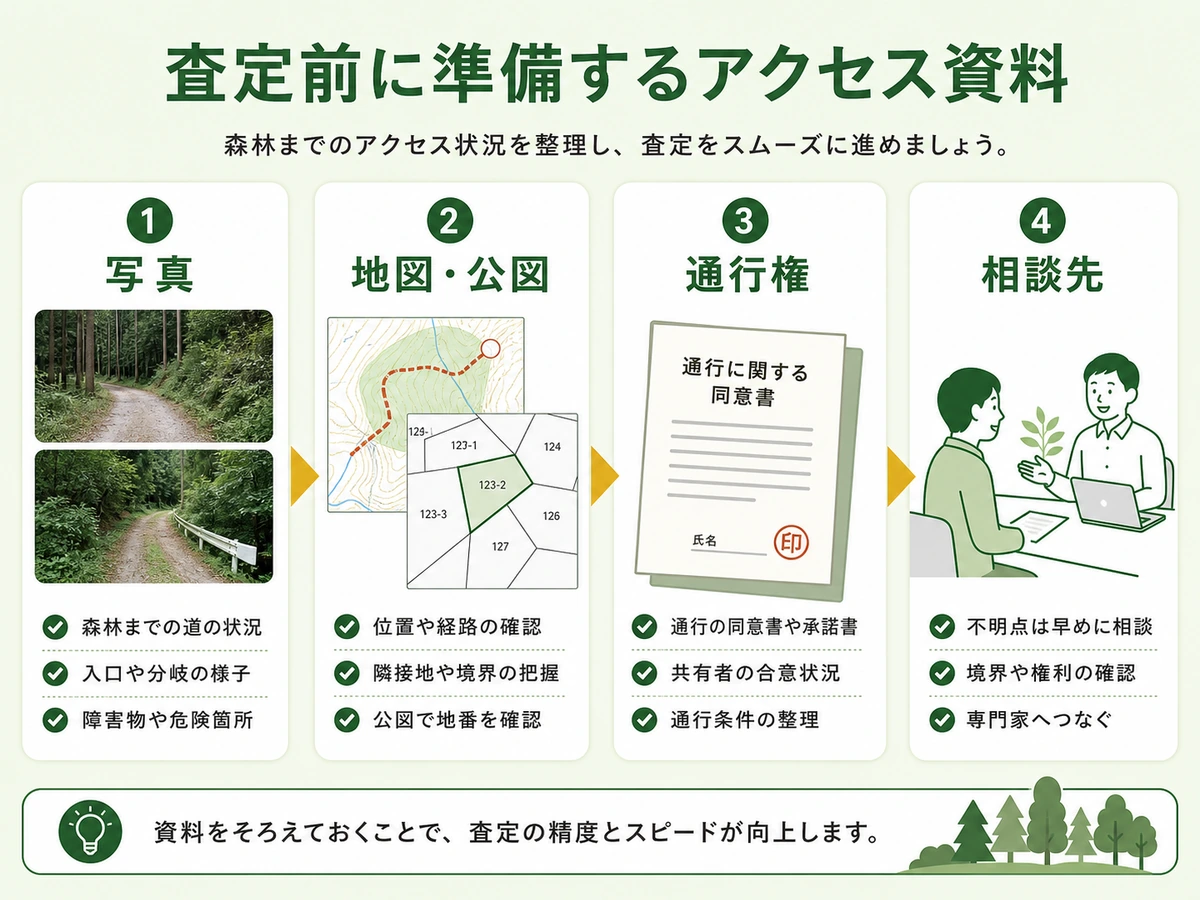 査定前に準備する写真・地図公図・通行権・相談先のチェック図