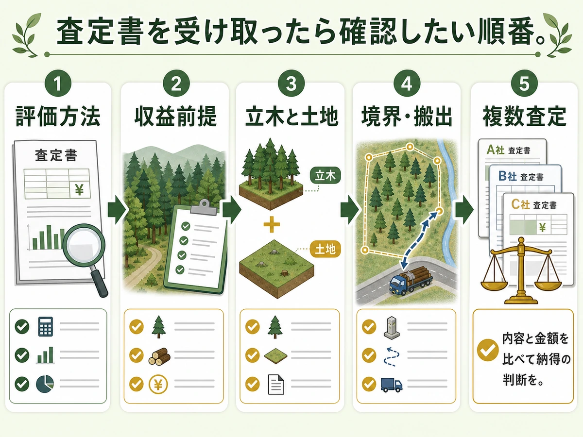 山林査定で確認する評価方法、収益前提、境界搬出条件の流れ