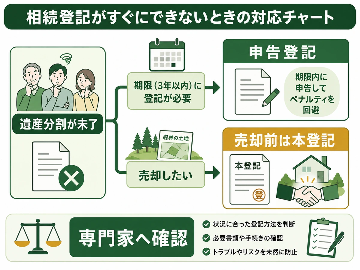 相続人申告登記と本登記の使い分けを示す図解