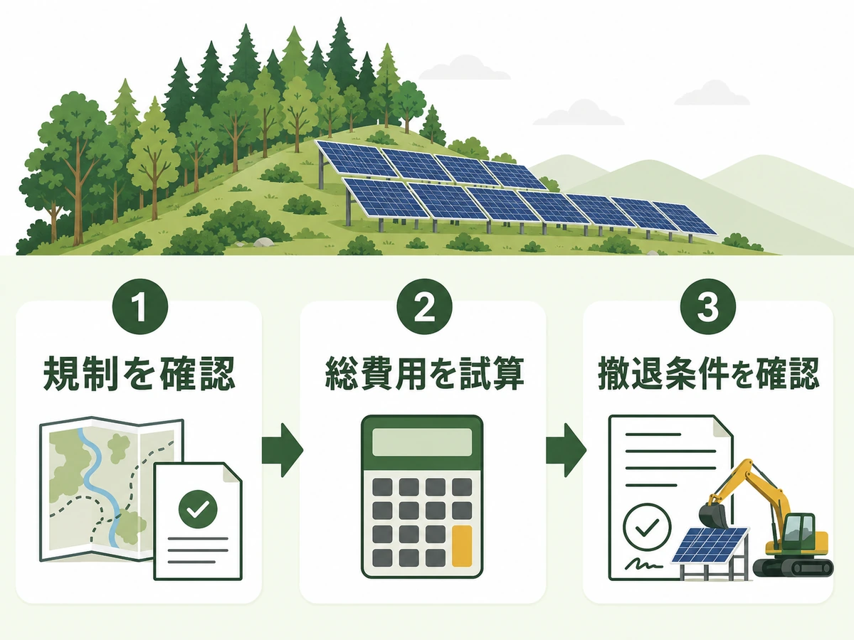 山林の太陽光発電を規制確認、総費用試算、撤退条件確認の順で判断するフロー