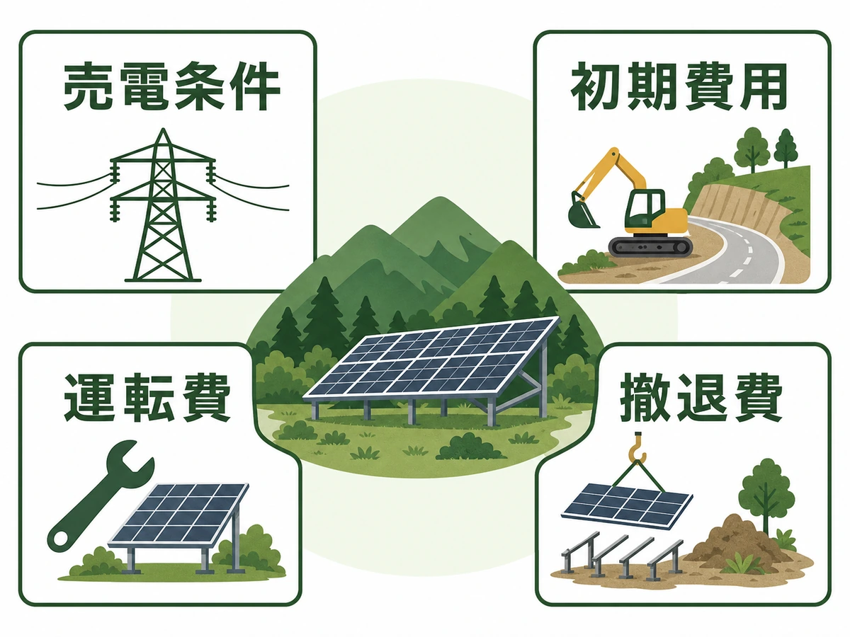 山林の太陽光発電の採算を売電条件、初期費用、運転費、撤退費で見る図