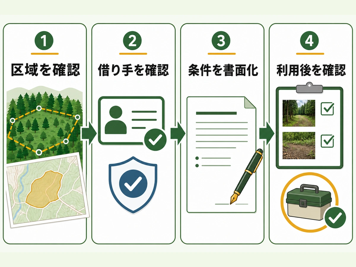 区域、借り手、契約条件、利用後の状態を順に確認する猟場リースの流れ