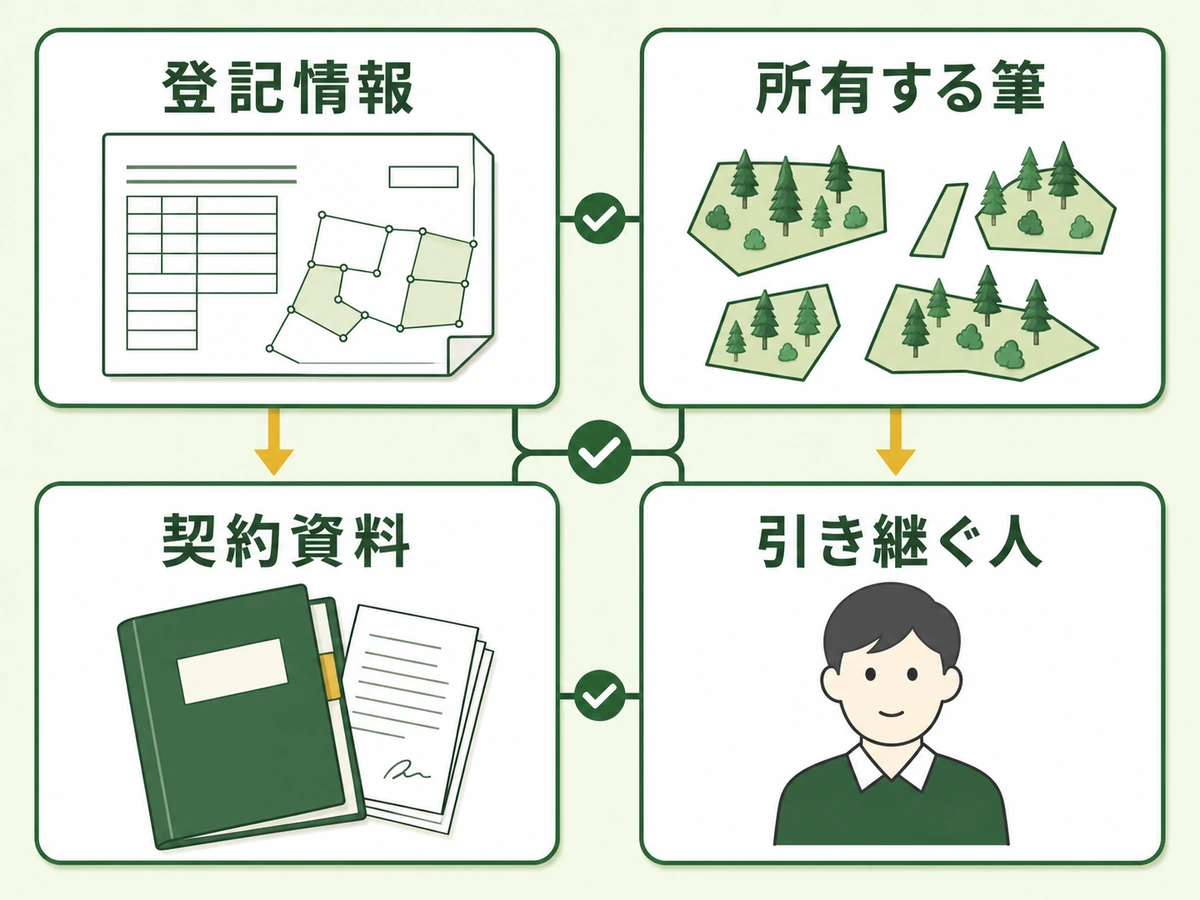 山林の遺言書を作る前に登記情報・所有筆・契約資料・引き継ぐ人を確認する図