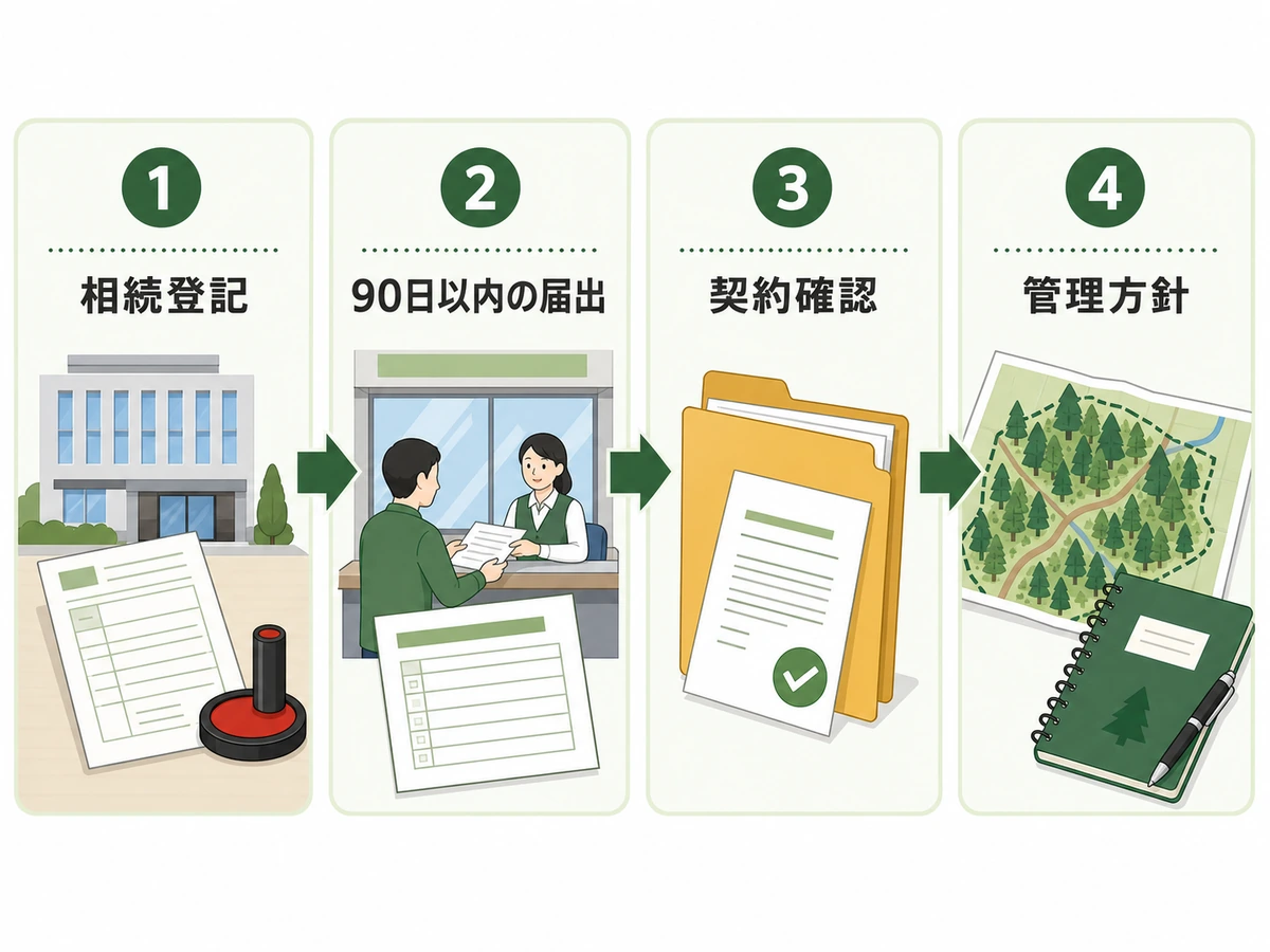 山林の相続後に相続登記・90日以内の届出・契約確認・管理方針の順で進める図