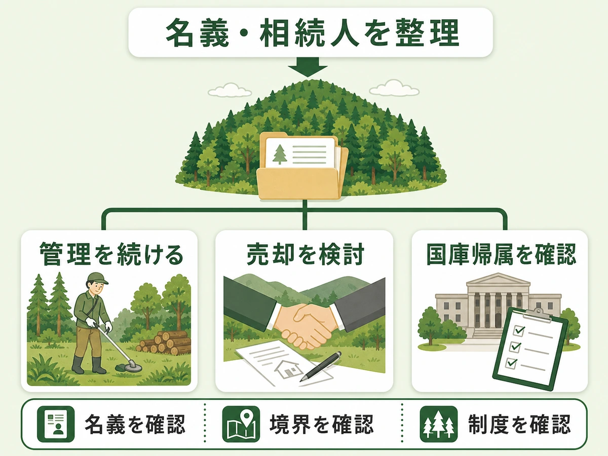 相続人と名義を整理してから山林の管理・売却・国庫帰属を確認する判断図