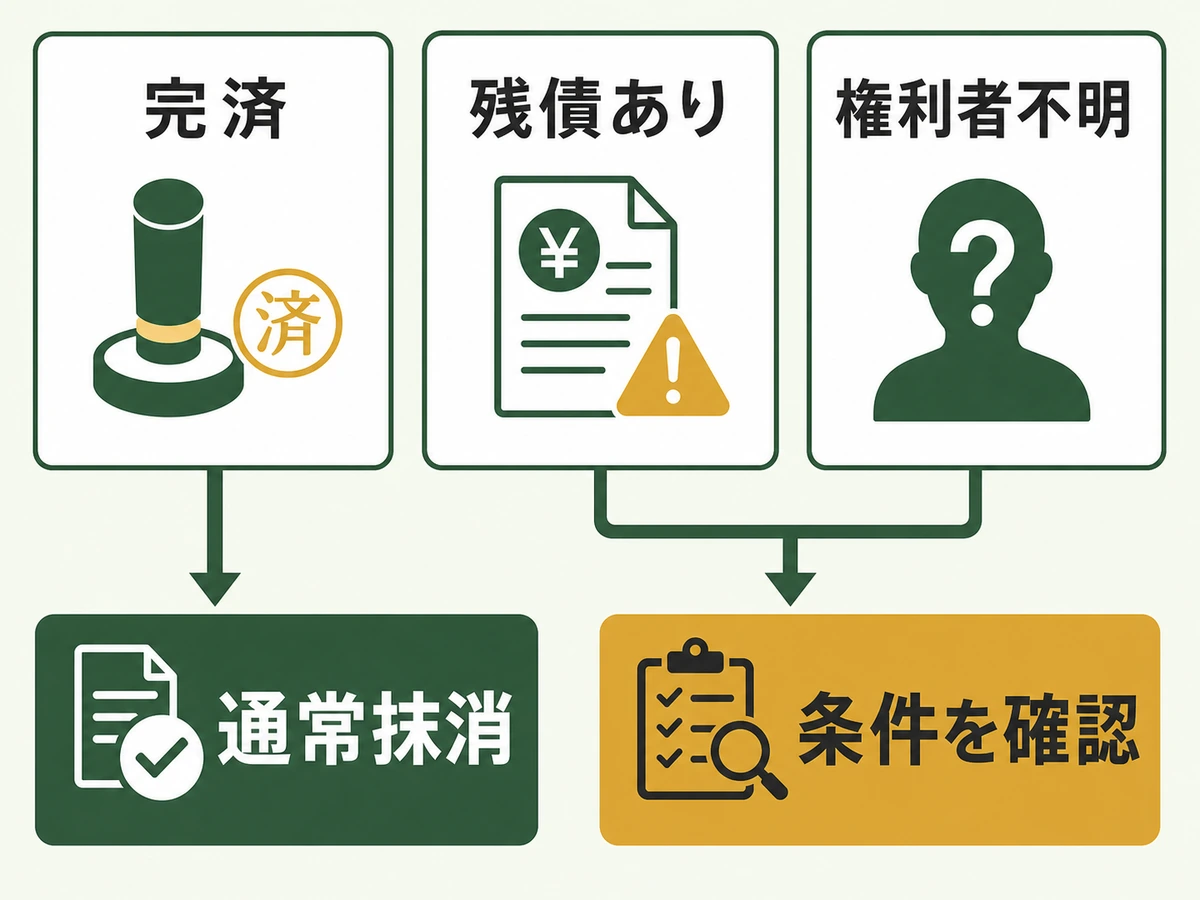 完済、残債あり、権利者不明で抵当権抹消の進め方を分ける図