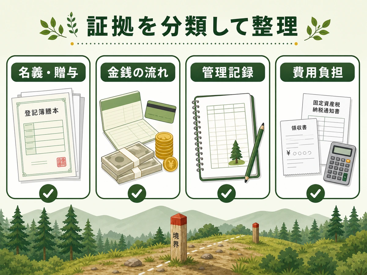 山林相続の特別受益と寄与分で集める証拠を分類するチェック図